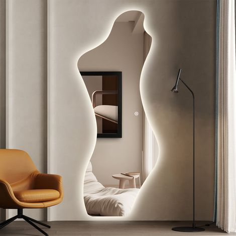 WDWRITTI LED Standspiegel 165x65cm Ganzkörperspiegel mit Beleuchtung Asymetrischer Spiegel mit Beleuchtung für Ankleidezimmer, Schlafzimmer, Wohnzimmer, Friseursalon