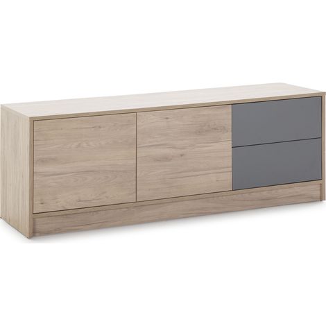 Mobile TV Panama 2 cassetti 2 Porte, Color Legno e Grigio, 136 cm (Larghezza) 40 cm (profonditá) 51 cm (Altezza)