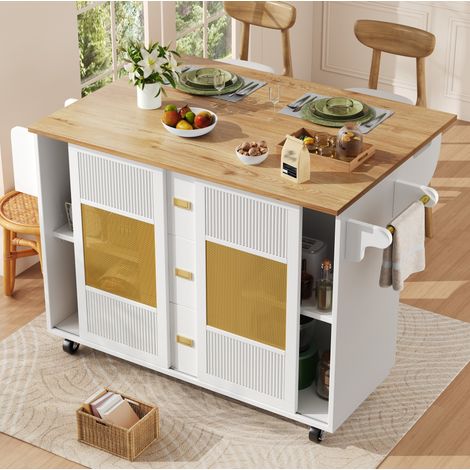 Îlot de cuisine 146,9/70/90 cm blanc avec plateau rabattable et roulettes (1/5)