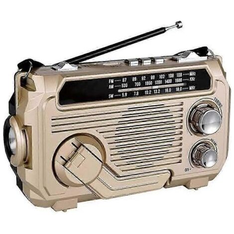 Radio FM/AM/SW à énergie solaire, radio d'urgence, récepteur à manivelle, Bluetooth 5.2, compatible avec les cartes TF et USB, finition dorée. (1/5)