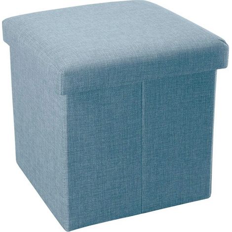 Pouf pliable Intirilife 38x38x38 cm bleu ciel - Cube de rangement avec couvercle en tissu aspect lin - Repose-pieds, coffre de rangement, commode, banc (1/5)