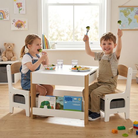 Lot de 3 meubles pour enfants : table convertible ardoise + 2 chaises, avec coffre de rangement et étagères