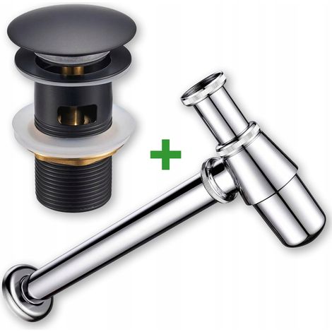 Set: tappo click-clack con troppopieno + sifone per lavabo, nero (1/5)