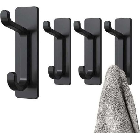 Ensemble de 4 crochets muraux adhésifs noirs, porte-serviettes pour salle de bain et cuisine, crochets pour torchons, porte-manteau auto-adhésif, fixation murale sans perçage, étanche, antirouille (1/4)