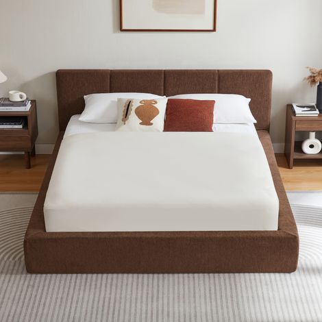 Cama doble 160x200 cm con cabecero tapizado, marco de acero reforzado, marrón, sin somier (1/5)
