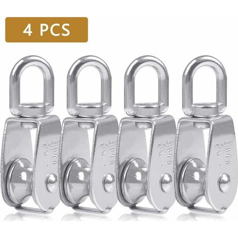 Poulie Simple Poulie pour Cable 15MM Acier INOX, Poulie Escalade Poulie Rouleau de Chargement, Poulie de Levage Capacité 35kg - 4pcs Argent (1/5)