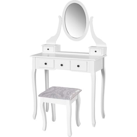Coiffeuse avec Tabouret et Miroir, Table de maquillage 5 tiroirs, MDF blanc et noir (Blanc)