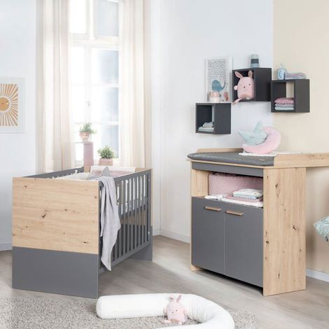 Ensemble chambre bébé transformable ROBA ANNA Duo - Lit 60x120 cm + Commode à langer évolutive Anthracite/Chêne