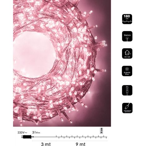 Catena luminosa LED Natale 180 led 9 mt cavo trasparente serie luminosa natalizie per esterno interno albero feste Rosa