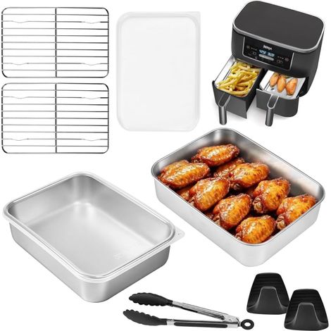 Set de 2 Plats en Acier Inoxydable pour Air Fryer Compatible Dual Zone, FlexDrawer (AF300/AF400) et Airfryer Avec Couvercles et Grille Plat à Four (1/5)