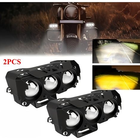 2 faretti LED per moto, gialli e bianchi, luci ausiliarie a tre occhi per manutenzione auto, fuoristrada e illuminazione esterna. (1/5)