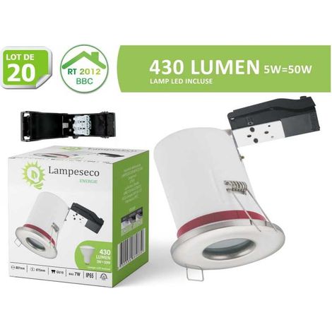 Lampesecoenergie – Lot de 20 spots encastrables étanches IP65 87mm – Douille GU10 avec ampoule LED 5W 3000K – Pour pièces humides et cuisines (1/4)