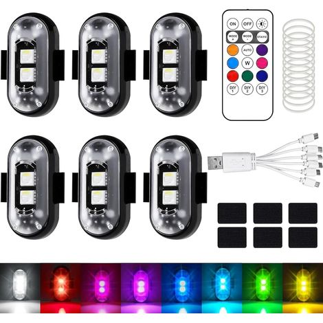Set mit 6 kabellosen LED-Leuchten, Antikollisionsschutz für Autos, wasserdicht, 8 Farben, mit Fernbedienung, Blinkfunktion, wiederaufladbar, USB, für Autos, Drohnen, LKWs, Motorräder
