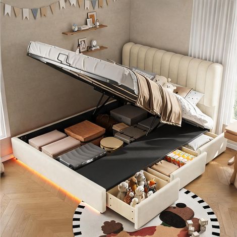 Cadre de lit beige en velours 210,5 x 141 x 102 cm (1/5)