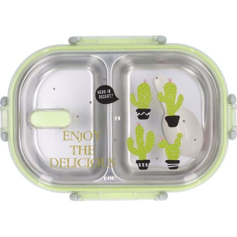 Isolierte Lunchbox aus Edelstahl 304 mit Fächern, japanisches Design für Kinder und Schüler, auslaufsicher, zufälliger Löffel, transparentes Kaktusgrün. (1/5)