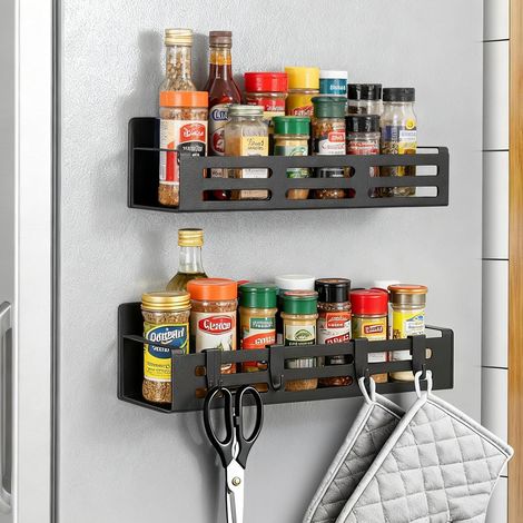 2PCS Porte-épices Magnétique, Étagère Frigo, 4 Crochets Amovibles, Acier Inoxydable, Cuisine