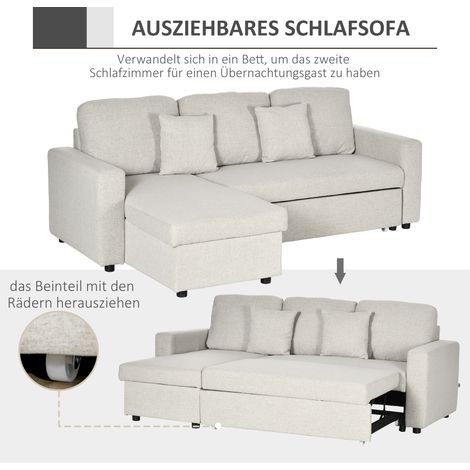 Canapé d'angle convertible en couchage, ensemble L avec canapé deux places et lit simple, espace de rangement intégré, 2 coussins blanc crème