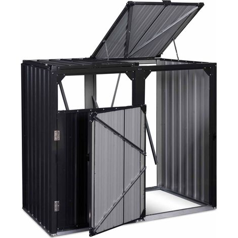 Idmarket – Cache-poubelle double en acier gris anthracite – Dimensions 147x80x120cm – 2 portes avec couvercles relevables – Pour extérieur et espaces publics