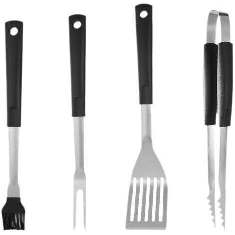 4-teiliges Grillset aus Edelstahl, bestehend aus Griff, PP-Gabel, Schaufel und Silikon-Grillklemme.
