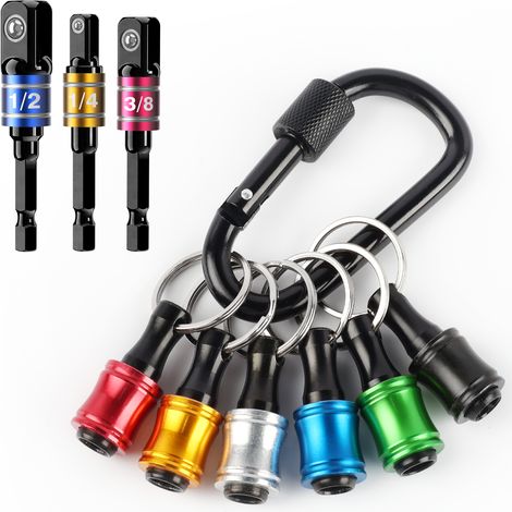 Porte-embouts de tournevis en alliage d'aluminium à tige hexagonale 1/4", rallonge, adaptateur de perçage, porte-clés portable (6 pièces de couleur avec attache en métal noir) + 3 embouts de vissage à (1/5)