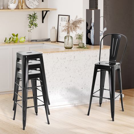 4er-Set stapelbare Barhocker, Barstühle im Industriestil mit Rücken- und Fußstütze, Sitzhöhe 76 cm, schwarzes Metall