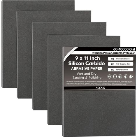 Lot de 12 feuilles de papier abrasif grain 800 - 22,9 x 27,9 cm - Dos flexible importé - Abrasif en carbure de silicium noir - Pour le travail du bois, l'automobile (1/5)