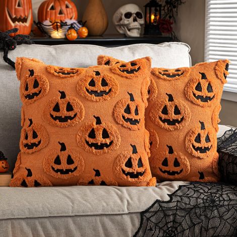 Coussins décoratifs en forme de citrouille pour automne, 45x45 cm, ensemble de 2 coussins doux en faux laine, motifs 3D brodés, coussin de canapé Halloween, coffret pour décoration intérieure (1/5)