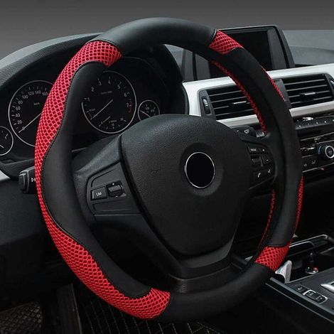 Housse de volant de voiture, housse de volant universelle en cuir PU 38CM, housse de protection de volant, protection universelle de couverture de volant souple 38CM anti-dérapant noir rouge (1/4)