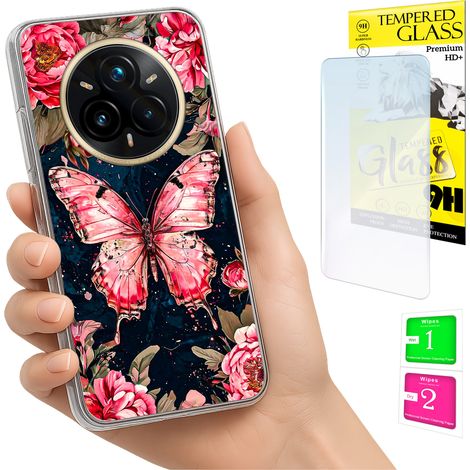 Coque pour Realme 14 Pro+ 5G / 14 Pro Plus 5G, coque arrière papillon avec protection en verre trempé. (1/5)