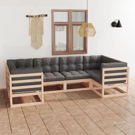 6-tlg. Garten-Lounge-Set mit Kissen Massivholz Kiefer (1/5)