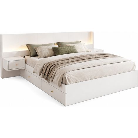Lit double 180 x 200 cm avec USB, LED, prises et 2 tables de chevet, 2 tiroirs, sans matelas, blanc – CHICFURN (1/5)