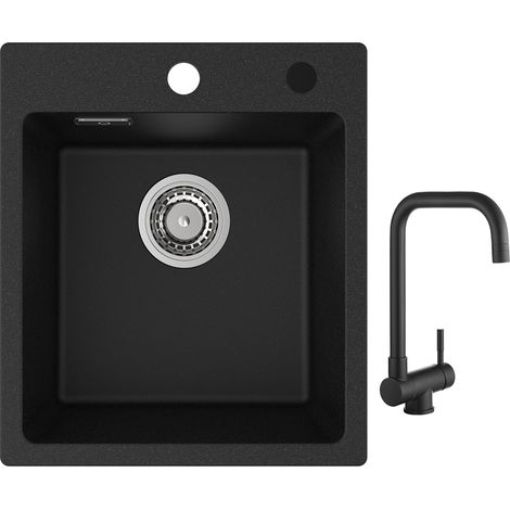 Cecipa Evier Quartz Noir 40x45cm Evier de Cuisine en Granit Evier à Encastrer 1 Vasque + Cuisine Rabattable Robinet Pliable Mitigeur Sous Fenêtre Noir (1/5)