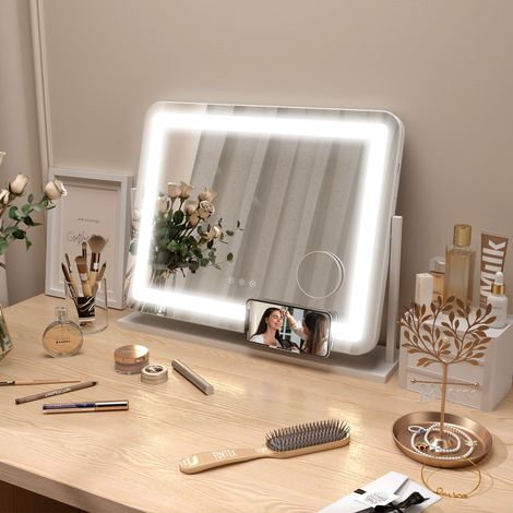 Miroir de coiffeuse rotatif 58x46 cm blanc avec 3 modes d’éclairage réglables Interrupteur tactile Agrandissement