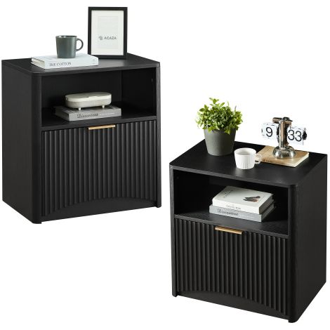 Chevet noir à façade cannelée verticale dimensions 58×38×60cm, table de chevet moderne avec niche ouverte et tiroir pour rangement chambre (1/5)