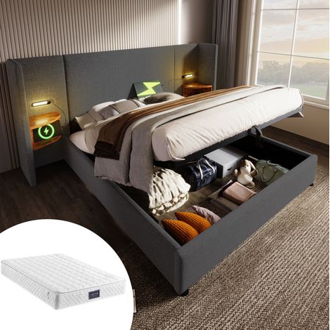 Letto contenitore in lino grigio 160x200 cm con materasso, testiera con scaffale, luce lettura USB e Type-C (1/5)