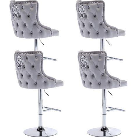 Wahson Set of 4 Velvet Bar Stools with Lion Knocker, Adjustable Height Swivel Counter Chairs with Backrest, Kitchen Island Stools for Home Bar, Pub & Dining Room, Gray