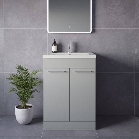 Napoli 460 Gloss Grey Pearl 600mm 2 Door Vanity Unit with Glide Basin - 600mm - Chrome 160mm Handle