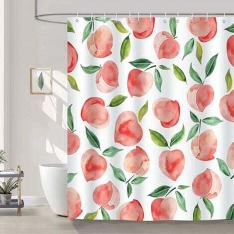 Tenda da doccia color rosa pesca, con motivo frutta estiva, in tessuto di poliestere, antimuffa, impermeabile e lavabile, con 12 ganci.