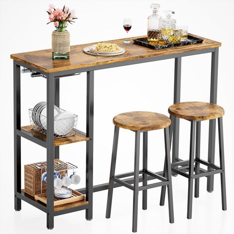 Bealife Tavolo da Bar con 2 Sgabelli, con 2 Ripiani e Porta Bottiglie per Cucina, Soggiorno e Sala da Pranzo, Stile Retrò (1/5)