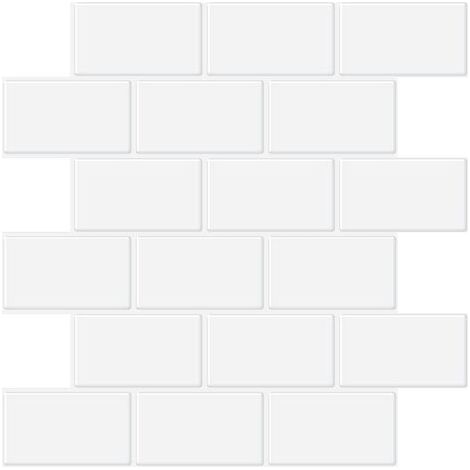 Panel antisalpicaduras adhesivo para cocina y baño, panel antisalpicaduras adhesivo blanco con efecto azulejo, adhesivo impermeable 3D de PVC para pared, 4 piezas (blanco, 5 láminas)