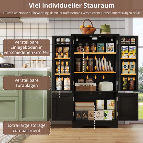 Meuble de cuisine 120x60x40cm avec éclairage LED à détecteur, grand placard 4 portes, étagères réglables et rangements de porte – idéal pour cuisine, salle à manger ou salon, noir (1/5)
