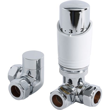 Milano Thermostatic Corner Heated Towel Rail Radiator Valve TRV and Lockshield - Chrome and White (1/4)