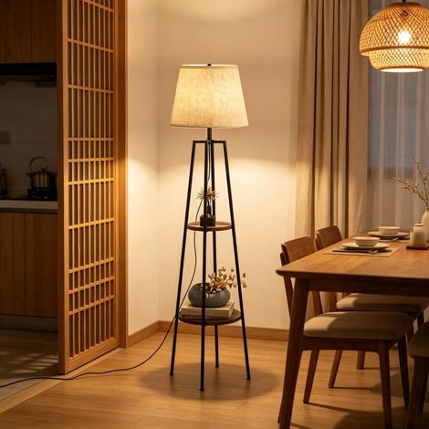 Lámpara de pie moderna con estantes integrados, lámpara de pie de tres patas, lámpara de pie elegante (solo la lámpara de pie, bombilla no incluida). (1/5)