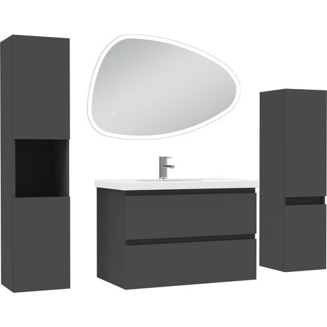 Ocean ensemble meubles Salle de Bain 80cm colonnex2 + vasque + miroir 3 couleurs LED Anthracite