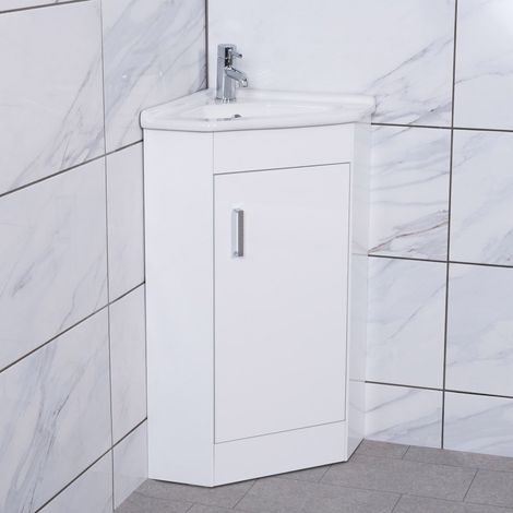 Bathroom Corner Cloakroom Vanity Sink Ceramic Basin Cabinet Storage Unit White (1/4)