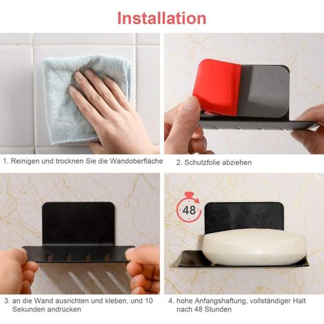 Porte Savon Mural sans Perçage Porte-Savon Douche en Acier Inoxydable Porte Savon INOX Auto-Adhésif pour Stocker Eponges Brosses Savon pour Salle de Bain Cuisine Balcon (Noir) (1/4)