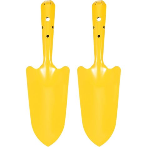 2 pièces Mini pelle à main en métal colorée 11" x 3" Ensemble de transplantoirs de jardin pour creuser, planter, désherber et transplanter, Jaune (1/5)