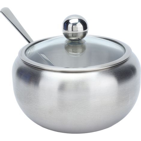 Zuccheriera in acciaio inox lucido con coperchio trasparente e cucchiaino integrato. Resistente, antiruggine e antiossidante. (1/5)