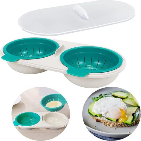 Mikrowellen-Eierkocher, Doppelschüssel, Dampfgarer, großes Fassungsvermögen (2 Tassen), Abtropfkorb, BPA-frei, für Backofen, Frühstück, Kochen, Dämpfen, pochierte Eier. (1/5)