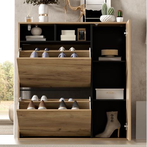 MODFU – Zapatero 90x24x94 cm de aglomerado con 2 abatibles, puerta, nichos, estantes regulables y carga 50 kg – Negro/natural (1/5)